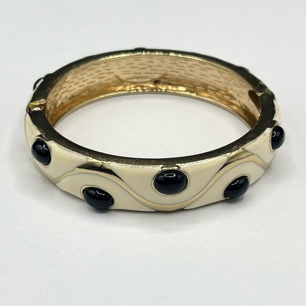 1980’s Enameled Bracelet Costume Jewelry Ivory Black Gold Tone Bangle Clamper 3”